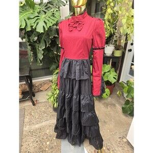 Victorian Choice Red Black Maxi Dress Gothic Prairie Ruffle Lace XL